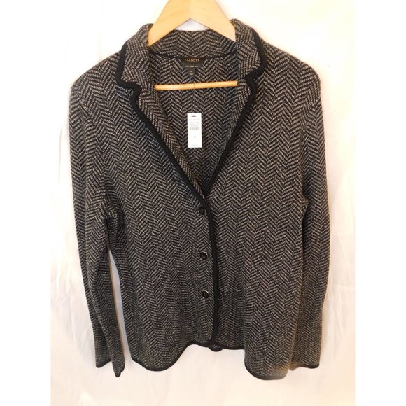 Talbots Merino Sweater Blazer- Herringbone Black & Grey Unlined Medium NWT - Picture 2 of 10